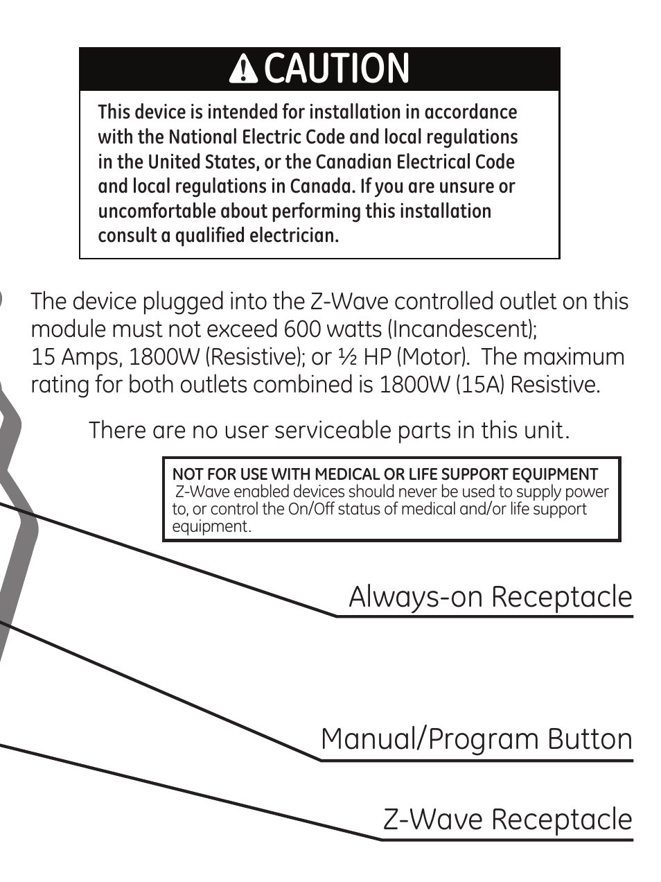 Caution | GE 45605 GE Z-Wave Duplex Receptacle User Manual | Page 5 / 20