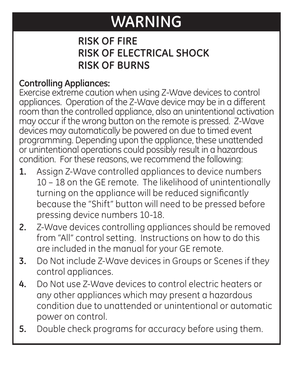 Warning | GE 45605 GE Z-Wave Duplex Receptacle User Manual | Page 6 / 20