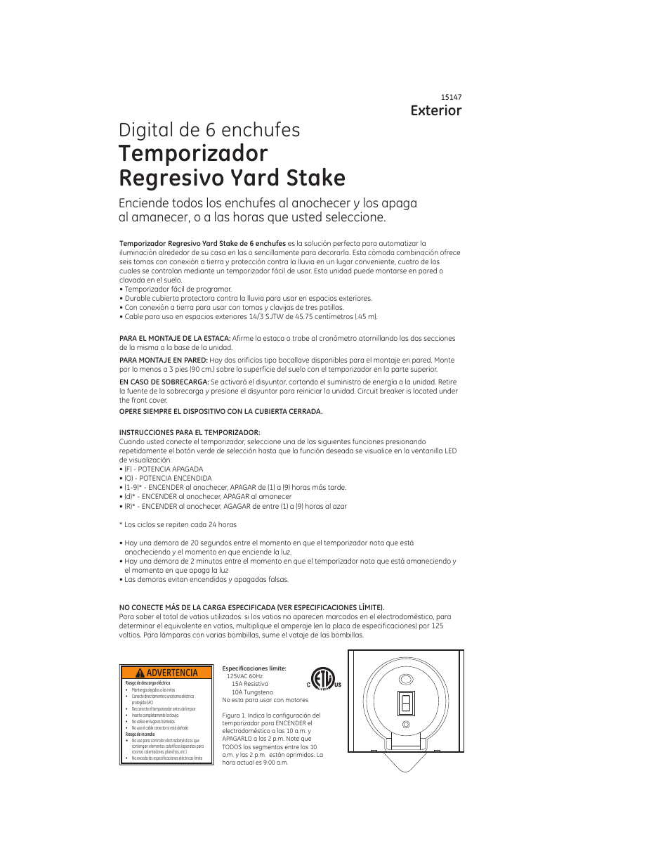 15147-manual-spanish, Temporizador regresivo yard stake, Digital de 6 enchufes | Exterior | GE 15147 Digital Yard Stake Timer User Manual | Page 2 / 2