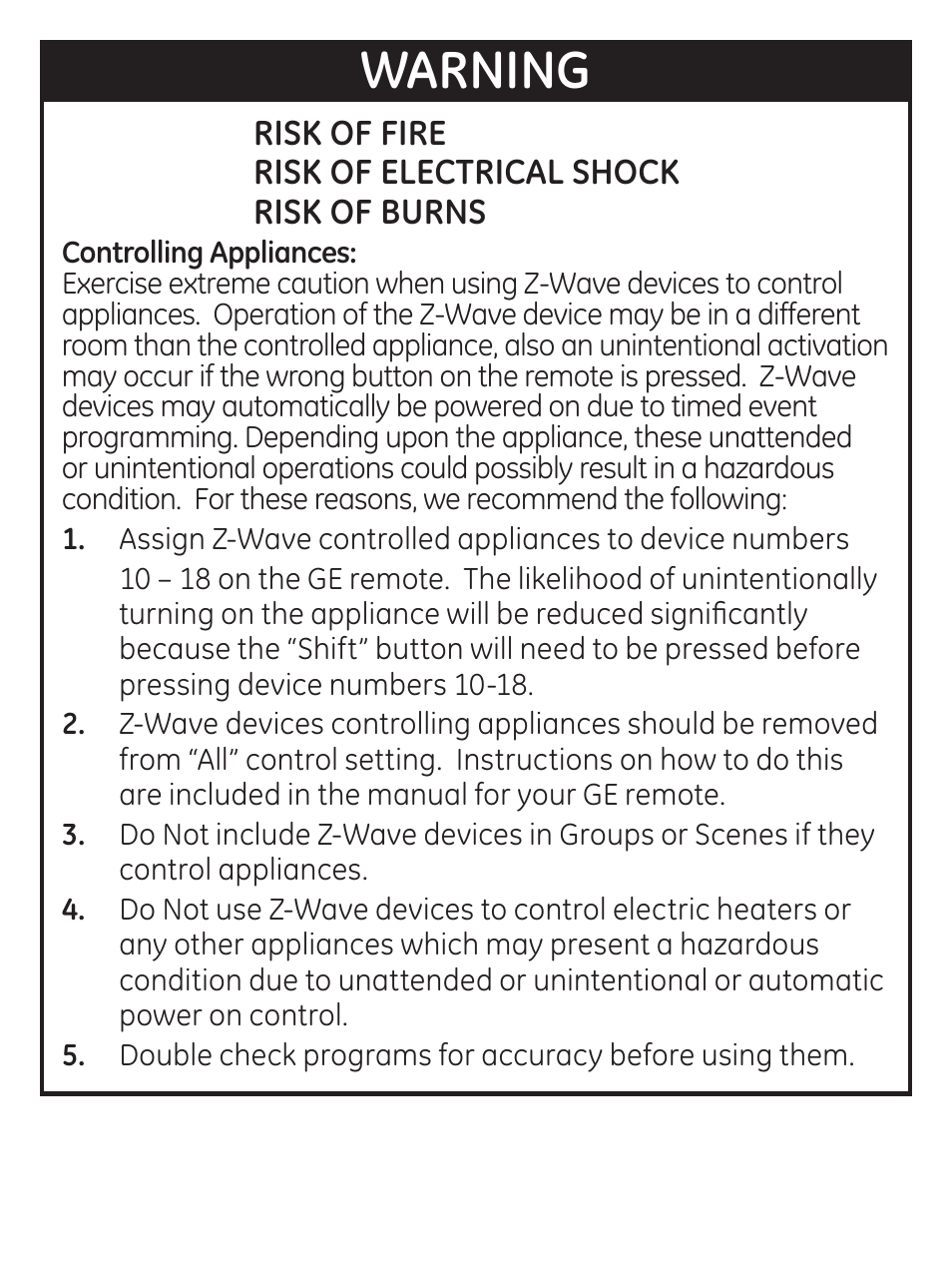 Warning | GE 45604 GE Z-Wave Outdoor Module User Manual | Page 4 / 14