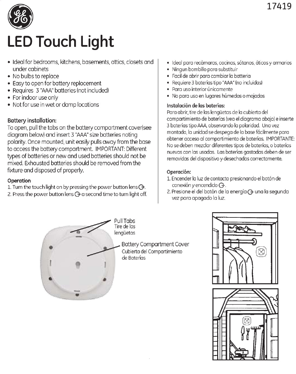 GE 17419 GE LED Touch Light User Manual | 1 page