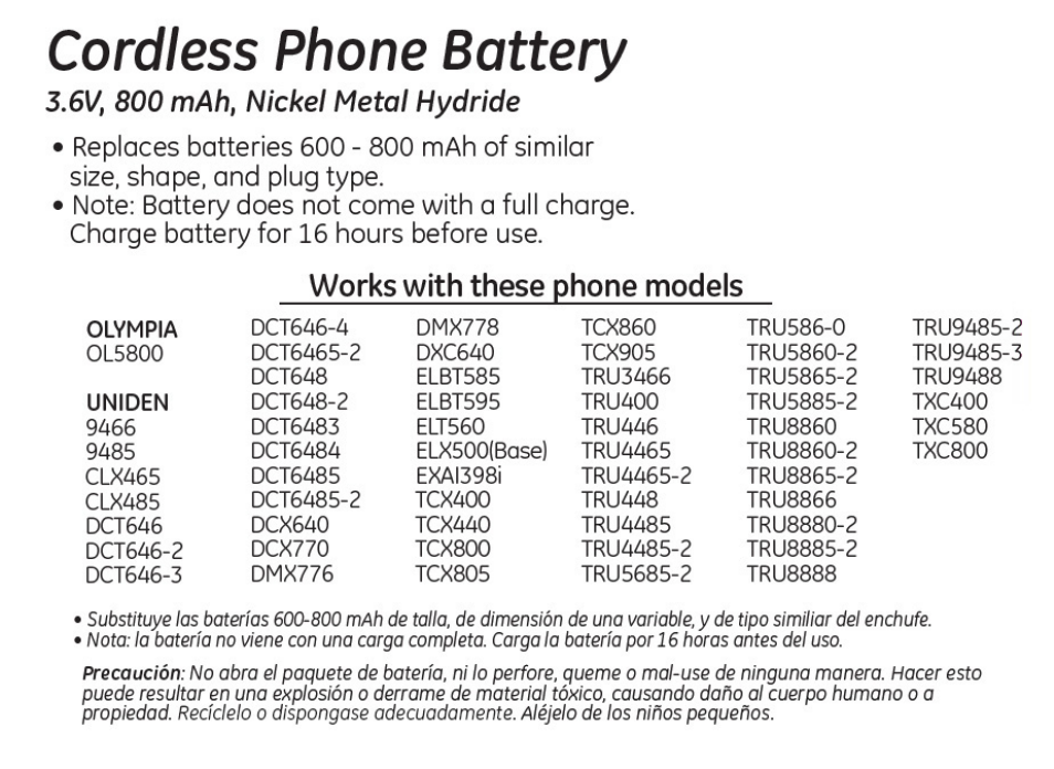 GE 26402 GE Cordless Phone Battery User Manual | 1 page
