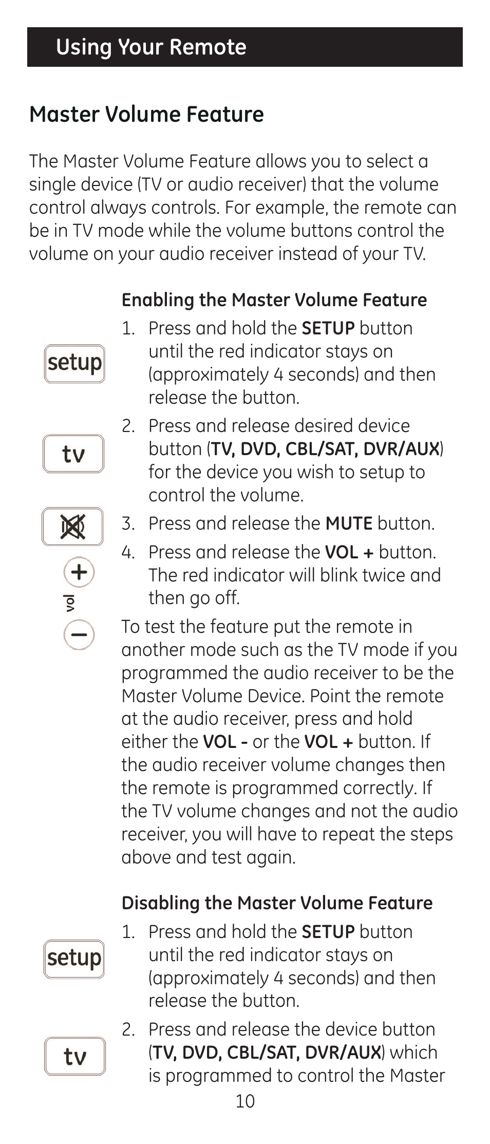 Using your remote master volume feature | GE 24116-v2 GE Big Button Blue LED Backlit Remote Control User Manual | Page 10 / 42