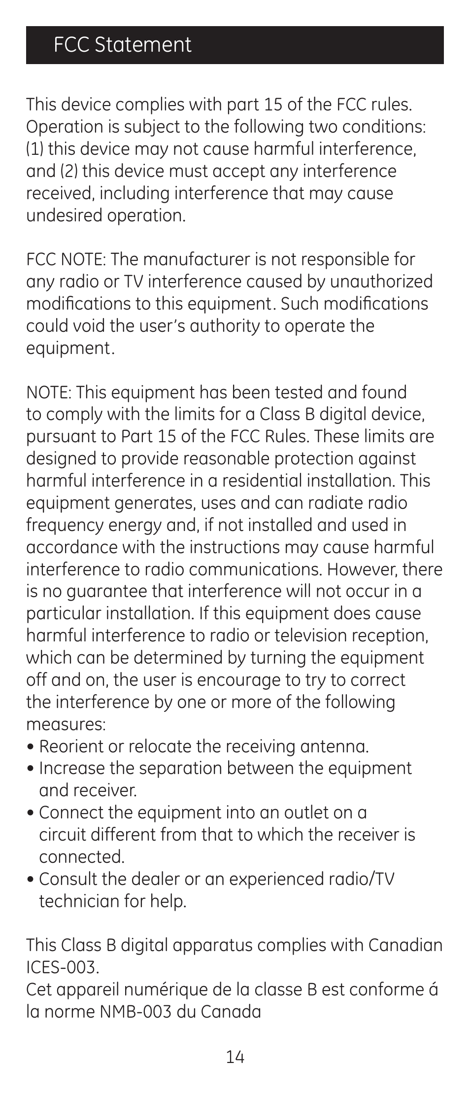Fcc statement | GE 24116-v2 GE Big Button Blue LED Backlit Remote Control User Manual | Page 14 / 42