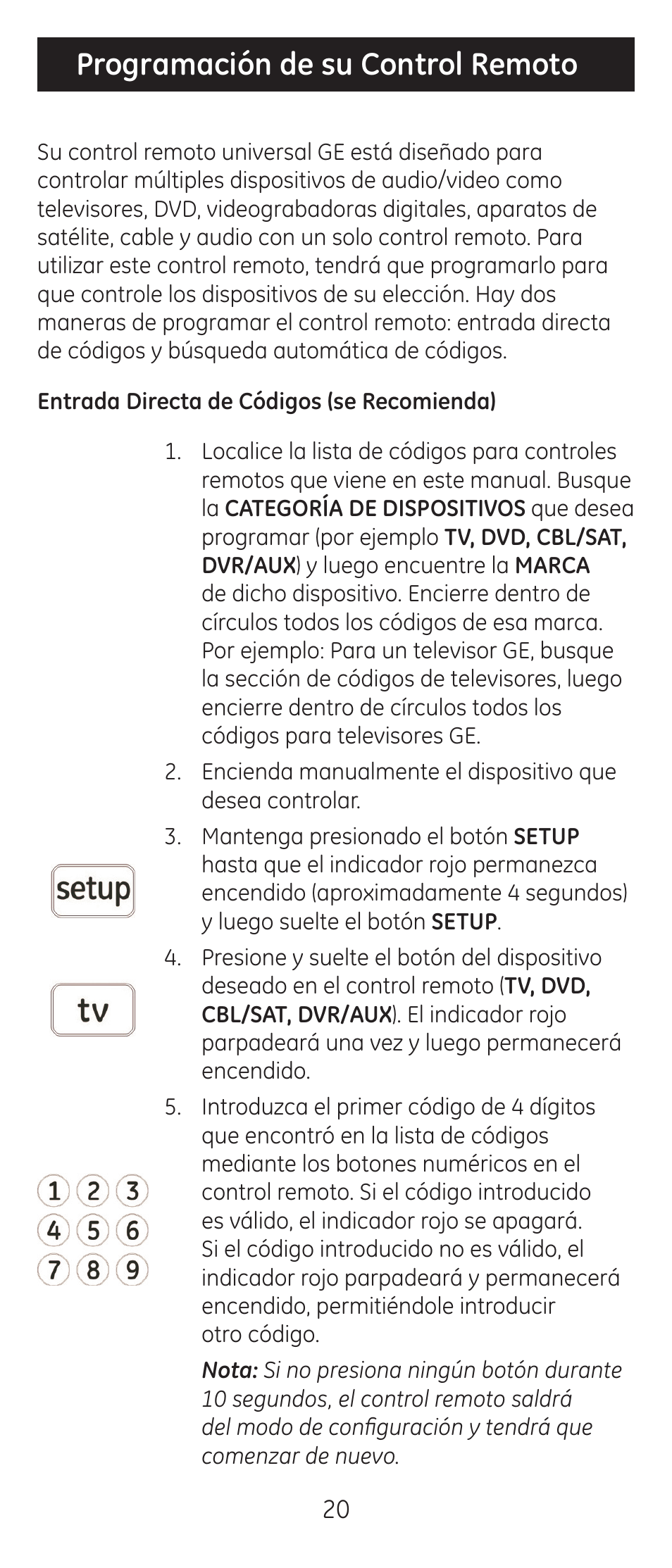 Programación de su control remoto | GE 24116-v2 GE Big Button Blue LED Backlit Remote Control User Manual | Page 20 / 42