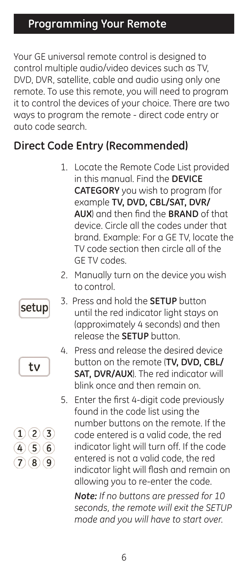 Programming your remote, Direct code entry (recommended) | GE 24116-v2 GE Big Button Blue LED Backlit Remote Control User Manual | Page 6 / 42