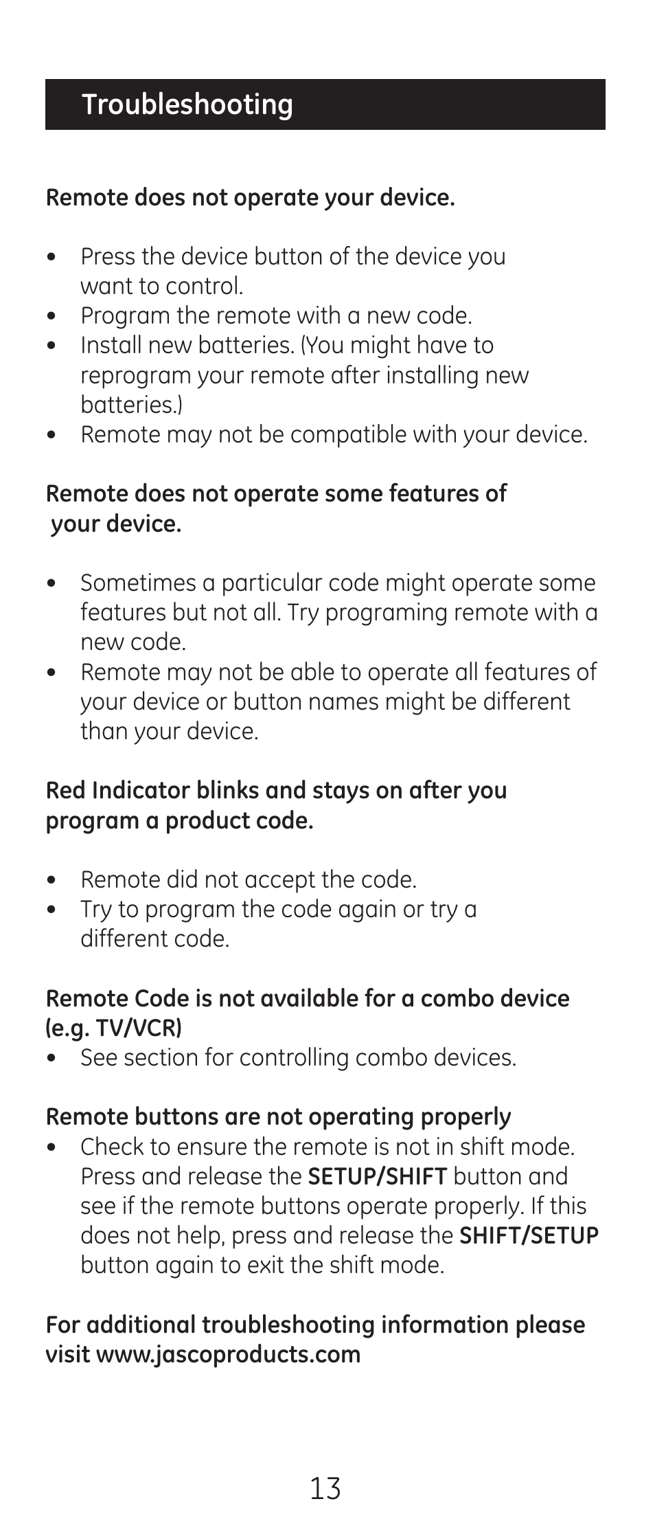 Troubleshooting | GE 24993-v2 GE Universal Remote Control User Manual | Page 13 / 44