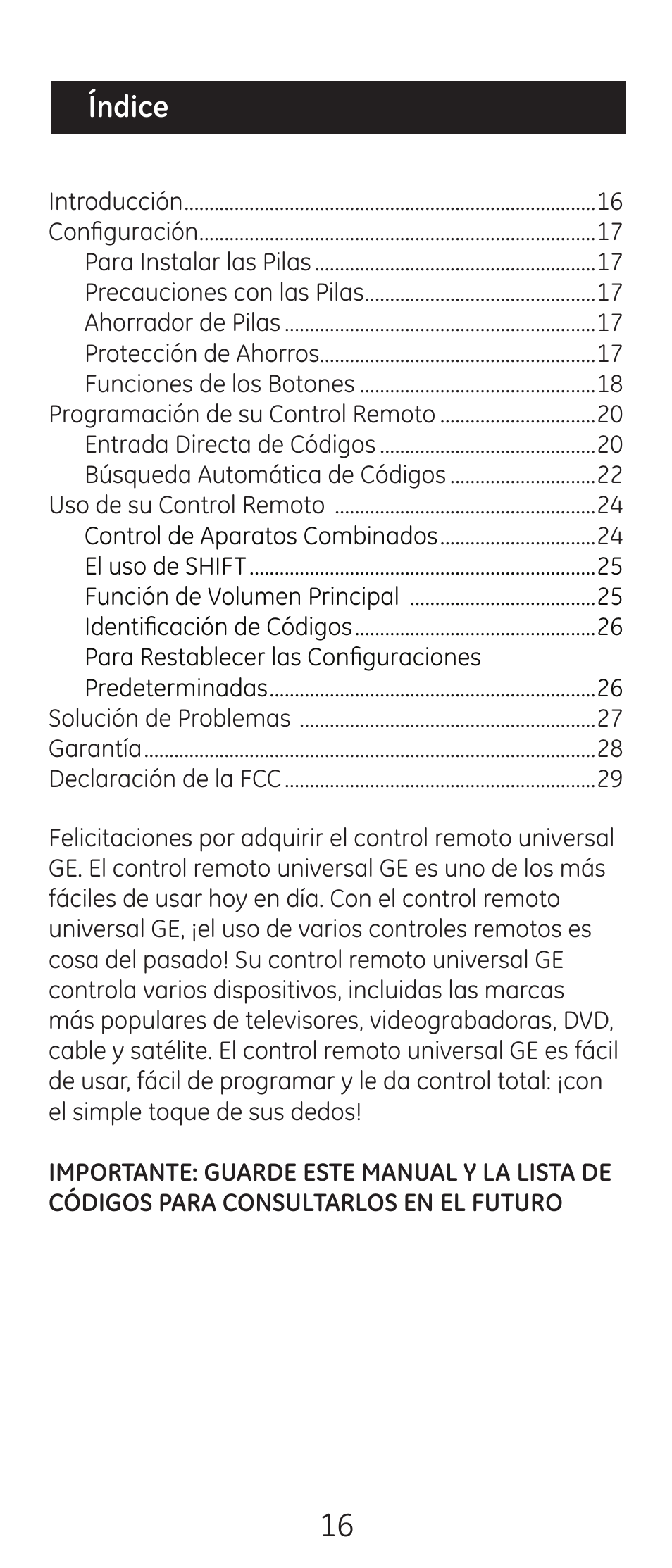 Índice | GE 24993-v2 GE Universal Remote Control User Manual | Page 16 / 44