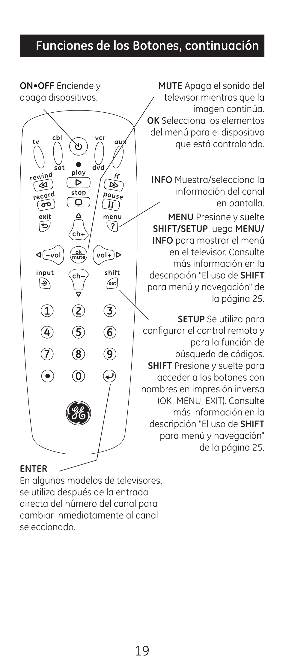 Funciones de los botones, continuación | GE 24993-v2 GE Universal Remote Control User Manual | Page 19 / 44