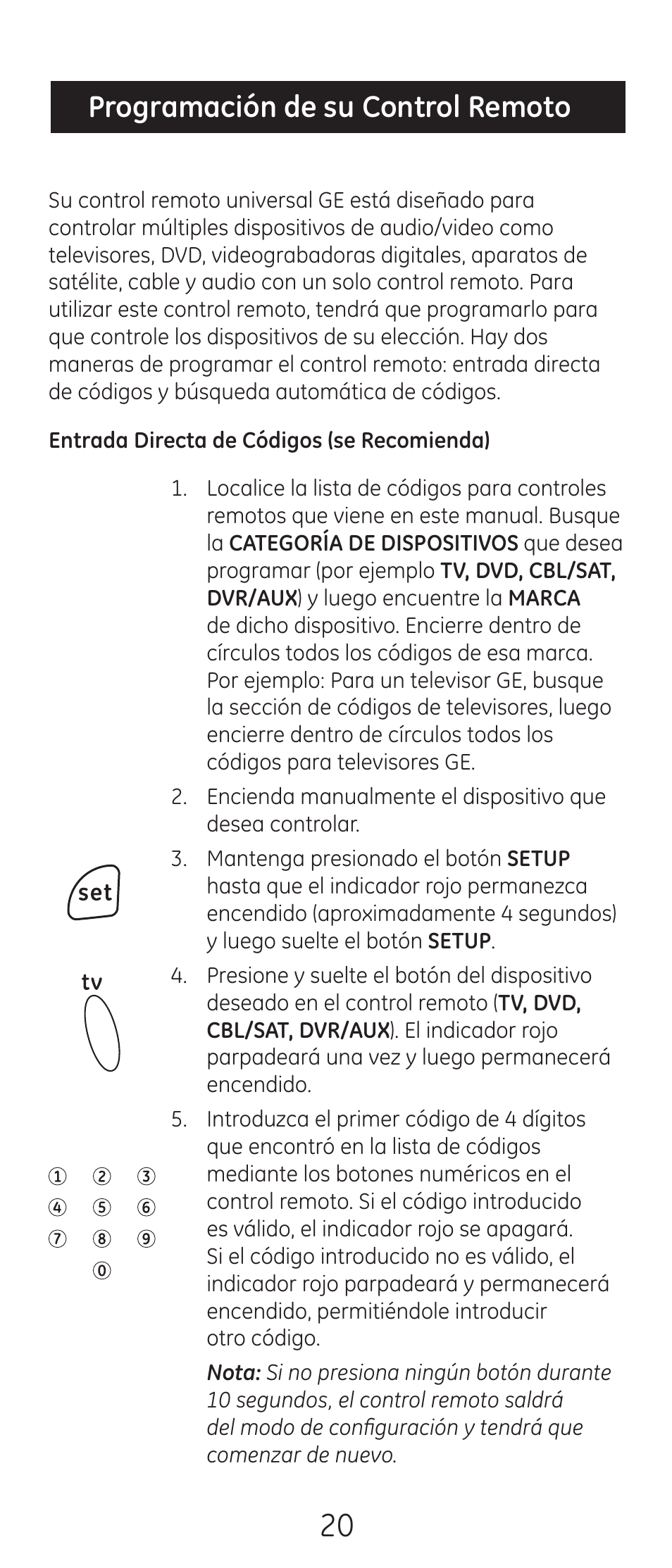 Programación de su control remoto | GE 24993-v2 GE Universal Remote Control User Manual | Page 20 / 44