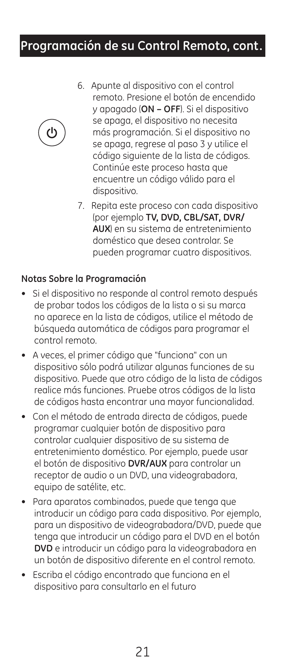 Programación de su control remoto, cont | GE 24993-v2 GE Universal Remote Control User Manual | Page 21 / 44