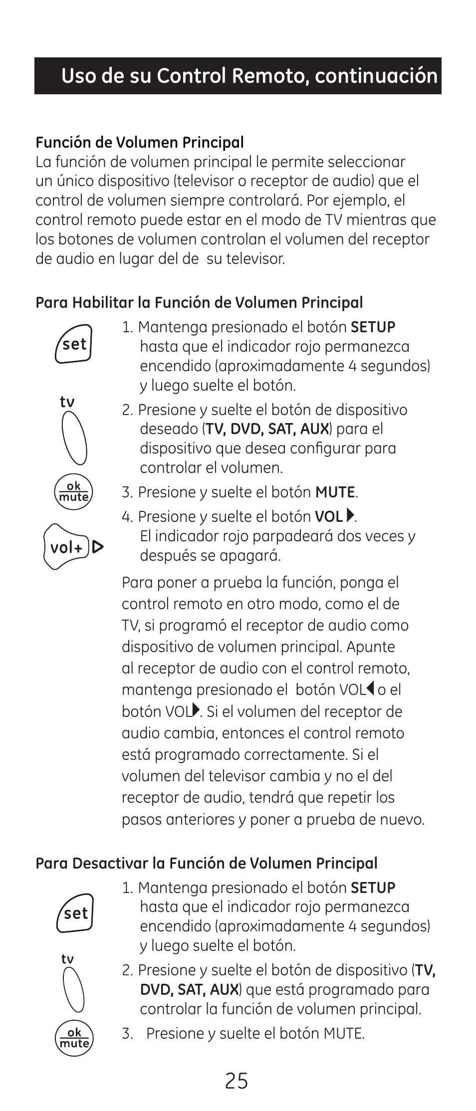 Uso de su control remoto, continuación | GE 24993-v2 GE Universal Remote Control User Manual | Page 25 / 44