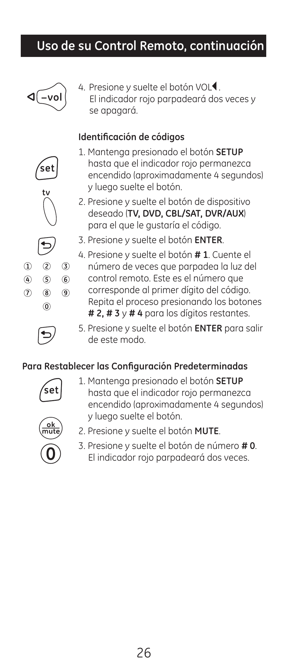 Uso de su control remoto, continuación | GE 24993-v2 GE Universal Remote Control User Manual | Page 26 / 44