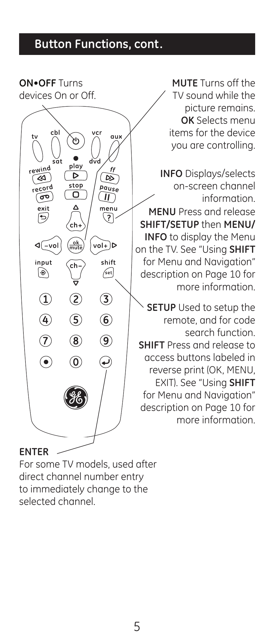 Button functions, cont | GE 24993-v2 GE Universal Remote Control User Manual | Page 5 / 44