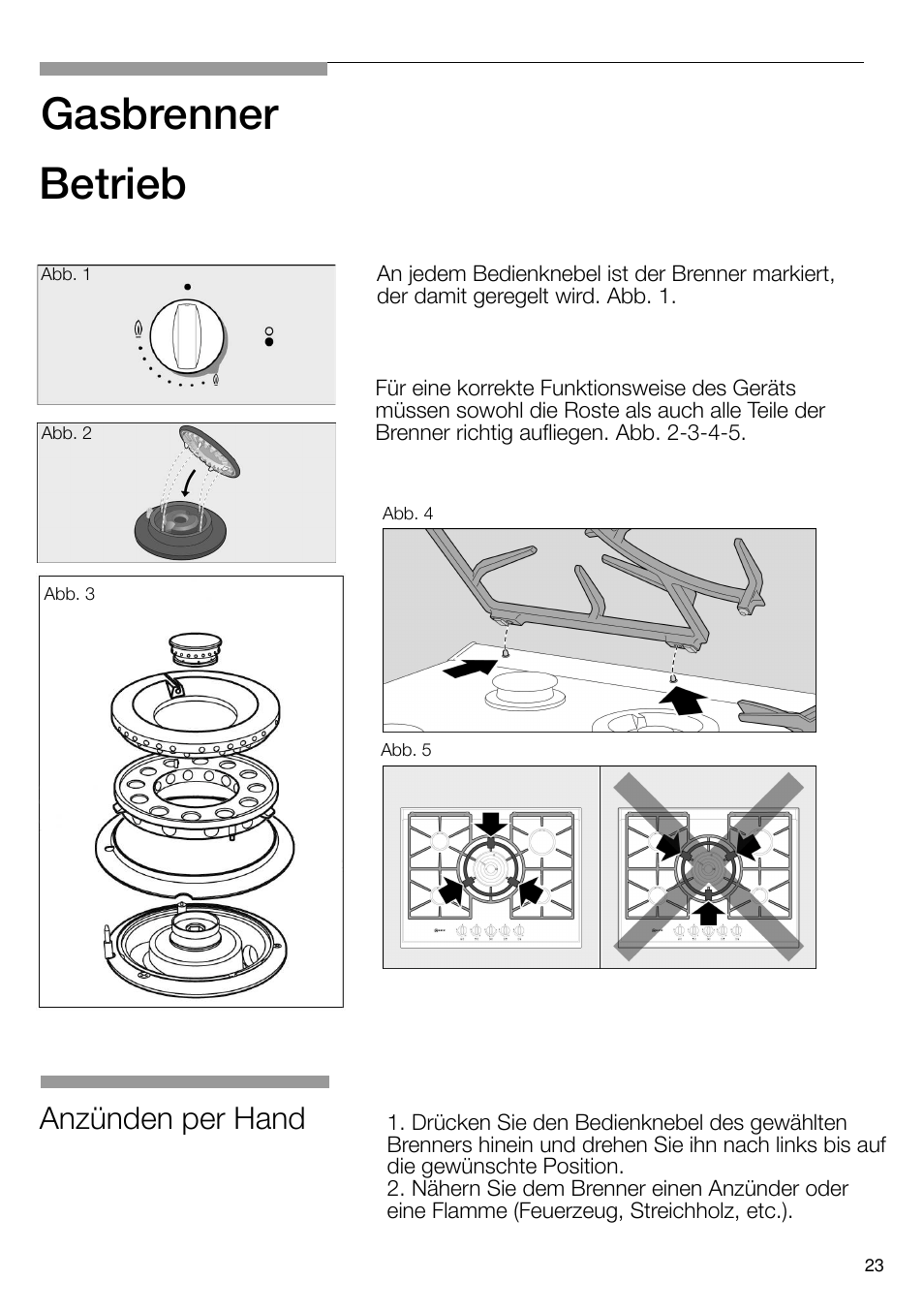 Gasbrenner, Betrieb, Anzünden per hand | Neff T66S66N0 User Manual | Page 24 / 103