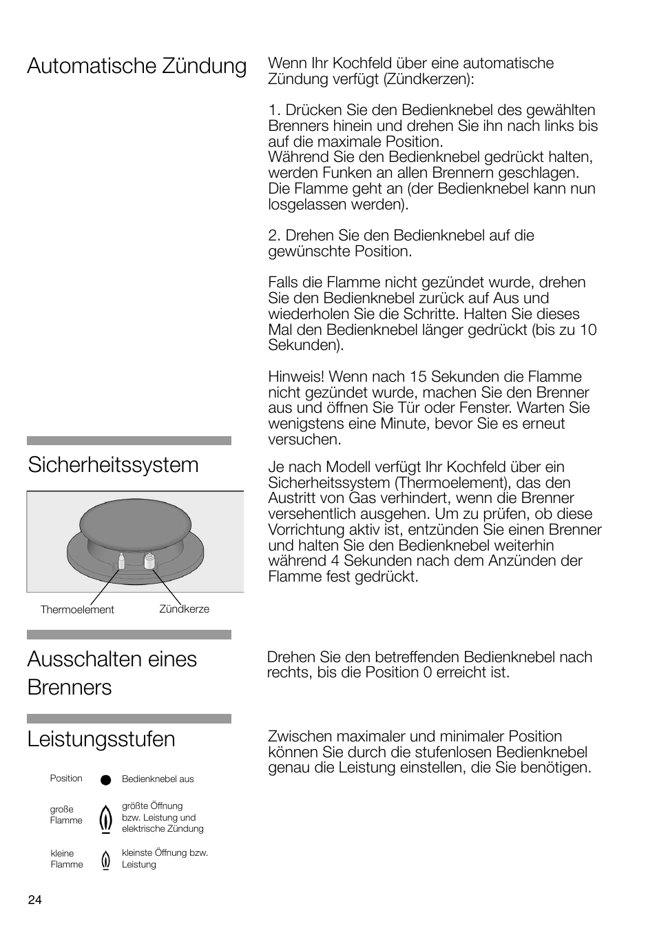 Leistungsstufen, Ausschalten eines brenners, Automatische zündung | Sicherheitssystem | Neff T66S66N0 User Manual | Page 25 / 103