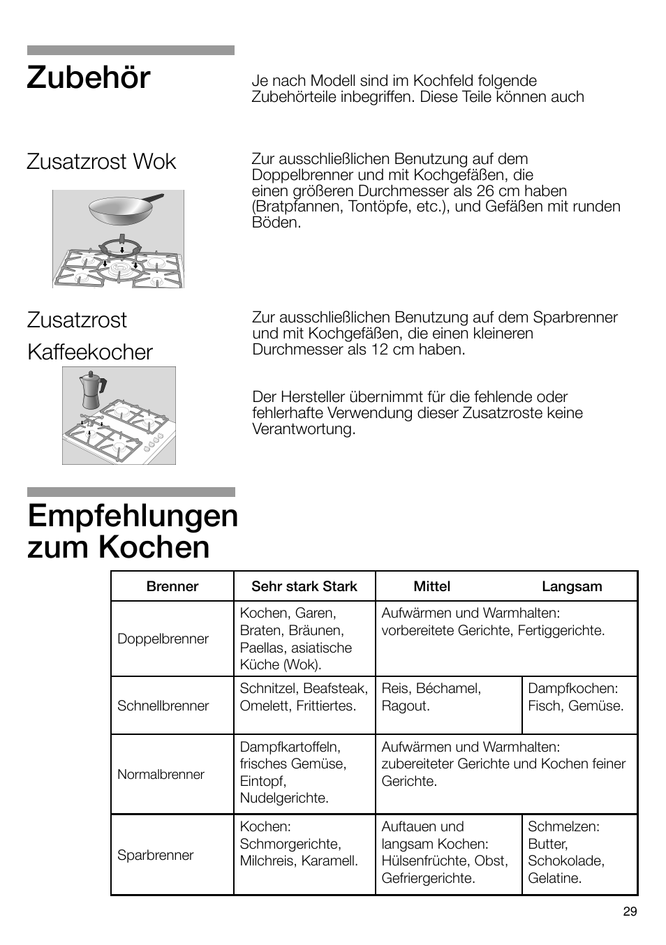 Empfehlungen zum kochen, Zubehör, Zusatzrost kaffeekocher | Zusatzrost wok | Neff T66S66N0 User Manual | Page 30 / 103