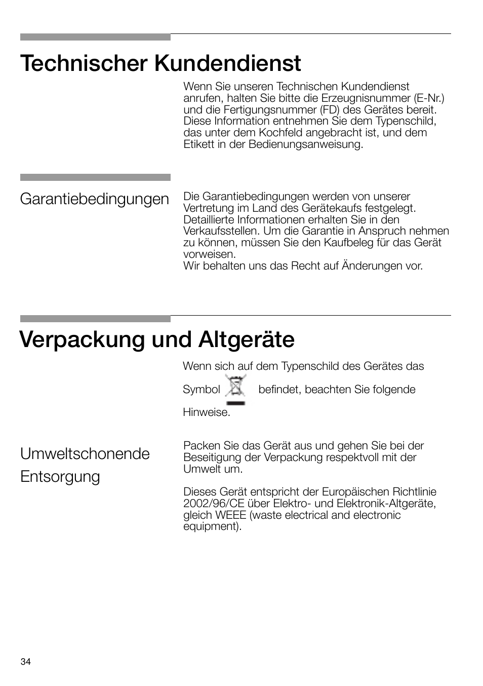 Verpackung und altgeräte technischer kundendienst, Umweltschonende entsorgung garantiebedingungen | Neff T66S66N0 User Manual | Page 35 / 103