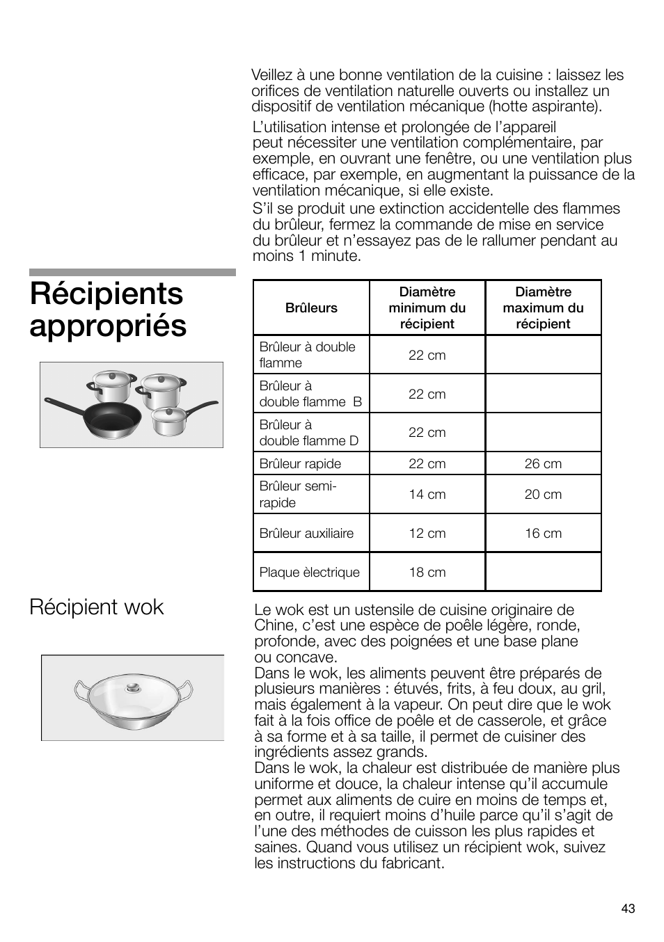 Récipients appropriés, Récipient wok | Neff T66S66N0 User Manual | Page 44 / 103