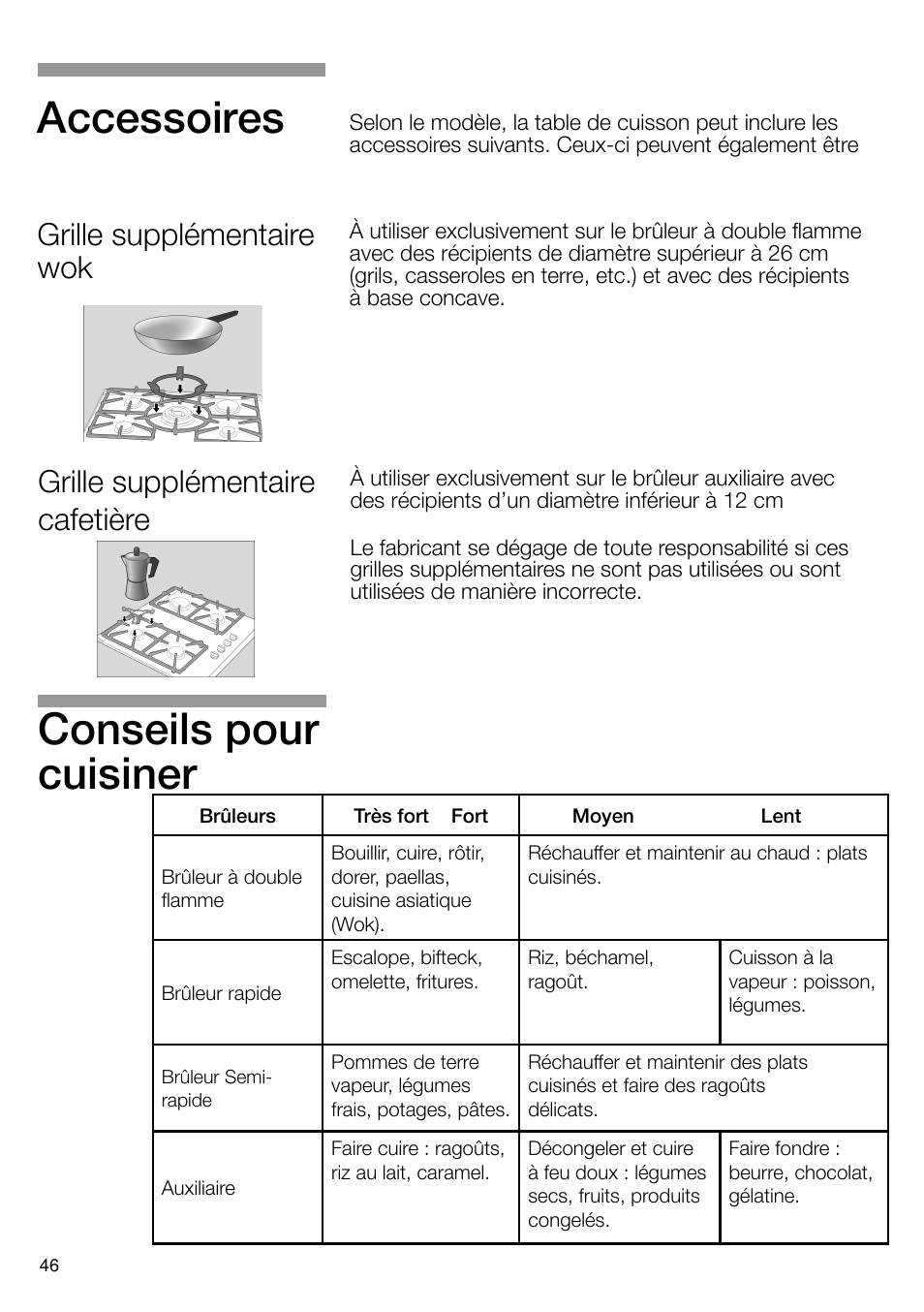 Conseils pour cuisiner, Accessoires, Grille supplémentaire cafetière | Grille supplémentaire wok | Neff T66S66N0 User Manual | Page 47 / 103