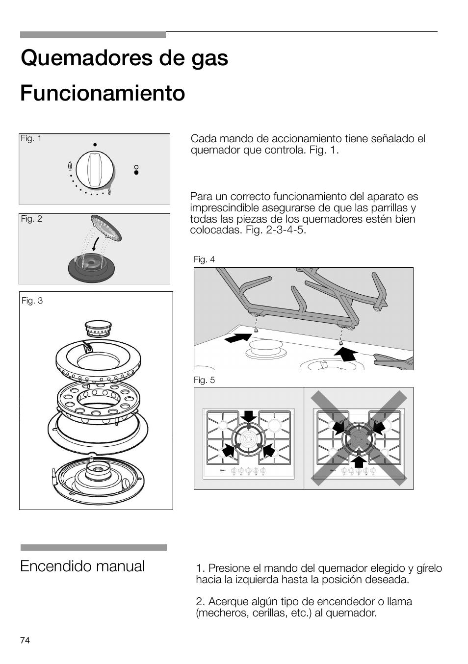 Quemadores de gas, Funcionamiento, Encendido manual | Neff T66S66N0 User Manual | Page 75 / 103