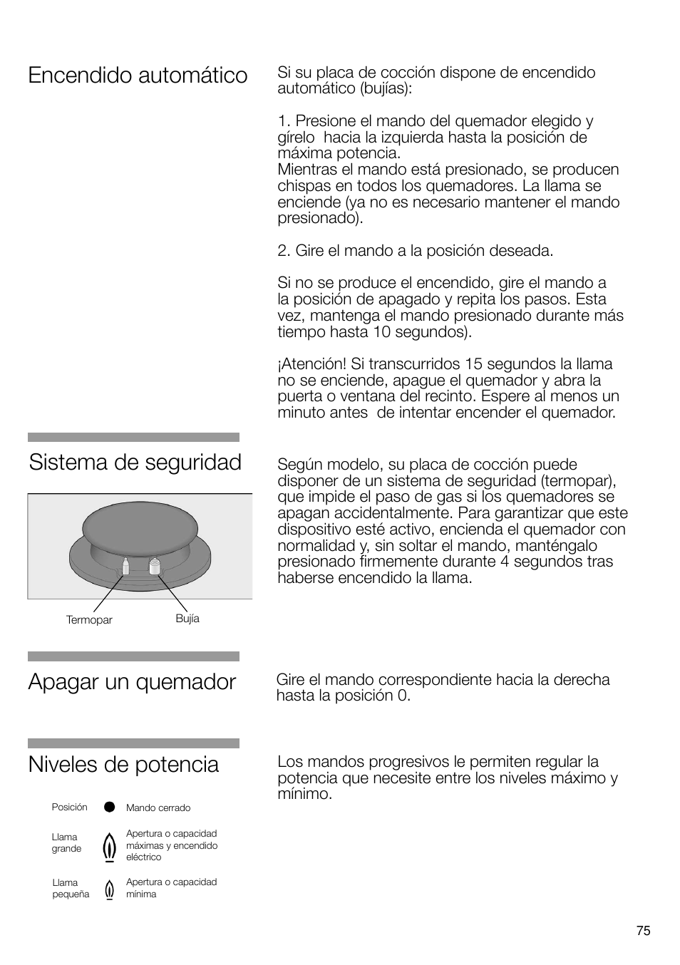 Niveles de potencia, Apagar un quemador, Encendido automático | Sistema de seguridad | Neff T66S66N0 User Manual | Page 76 / 103