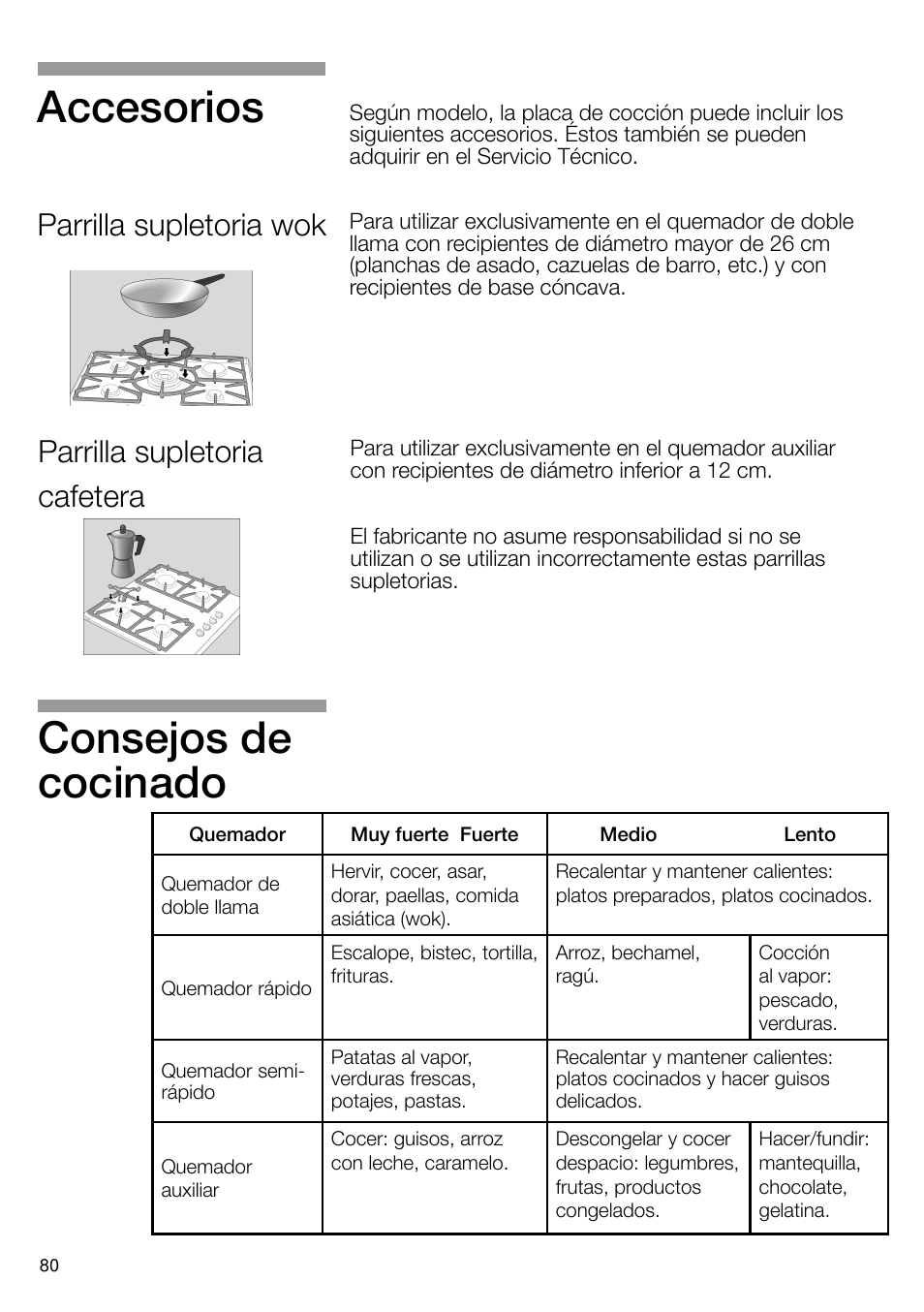 Consejos de cocinado, Accesorios, Parrilla supletoria cafetera | Parrilla supletoria wok | Neff T66S66N0 User Manual | Page 81 / 103