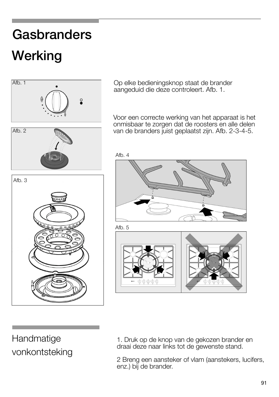 Gasbranders, Werking, Handmatige vonkontsteking | Neff T66S66N0 User Manual | Page 92 / 103