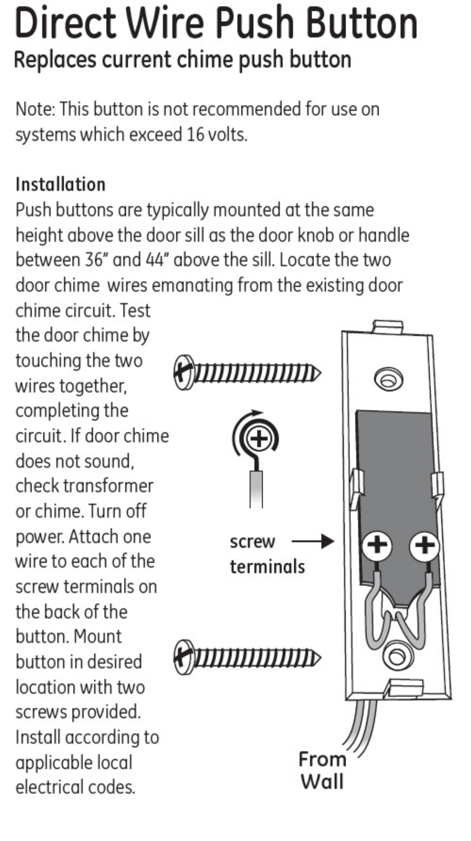 GE 19215 GE Direct Wire Push Button White User Manual | 1 page