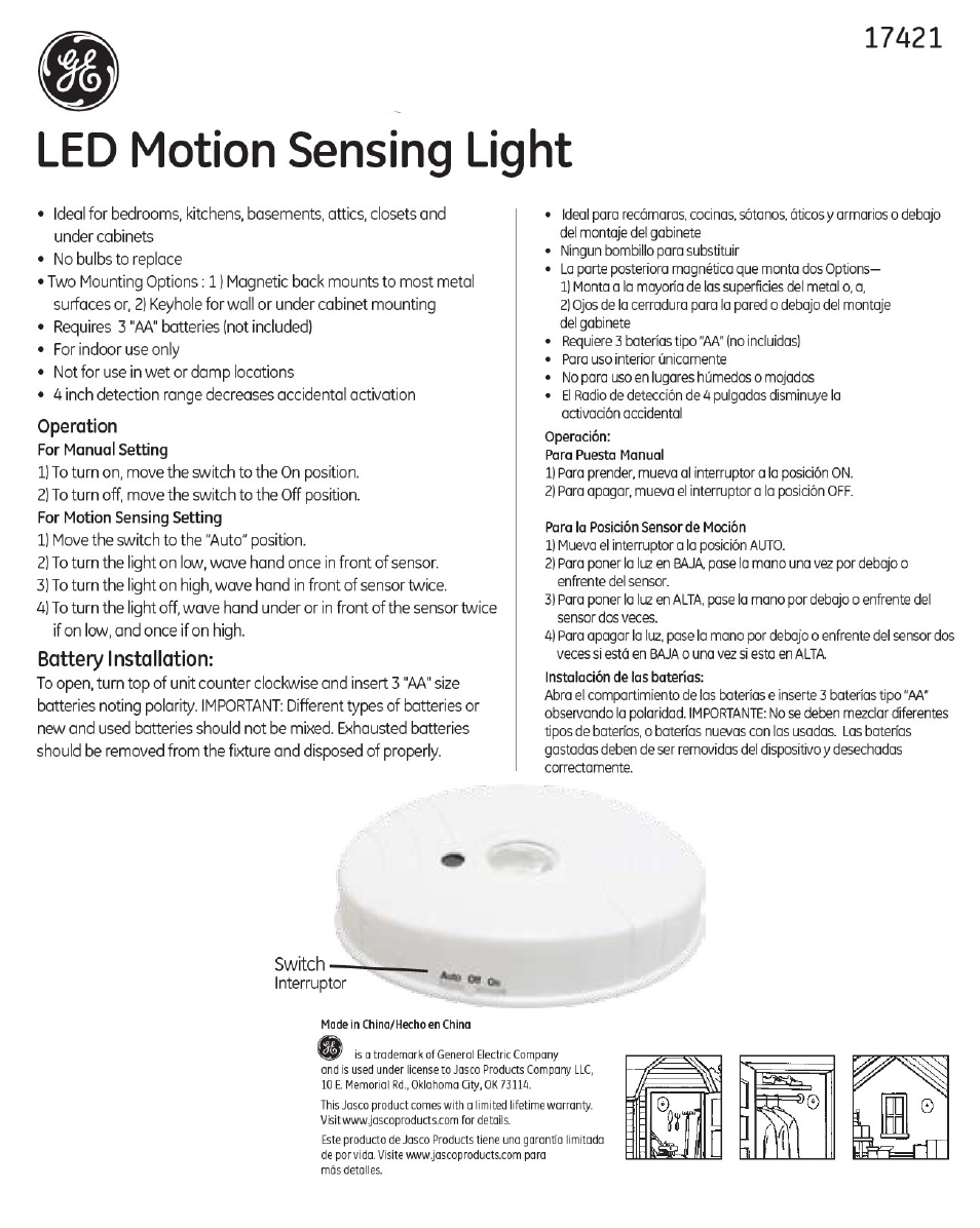 GE 17421 GE LED Motion Sensing Light User Manual | 1 page