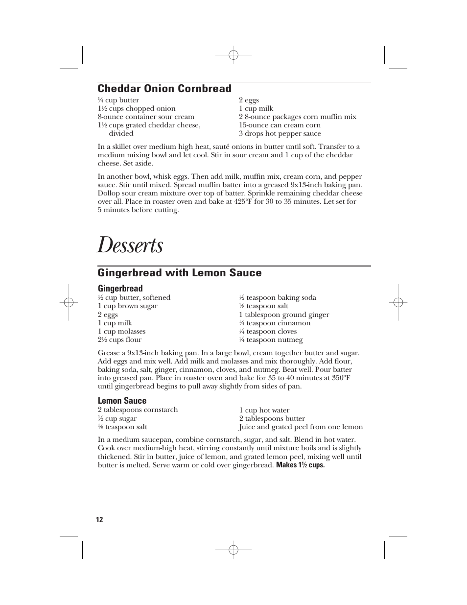 Desserts, Cheddar onion cornbread, Gingerbread with lemon sauce | Gingerbread, Lemon sauce | GE 106631 User Manual | Page 12 / 32