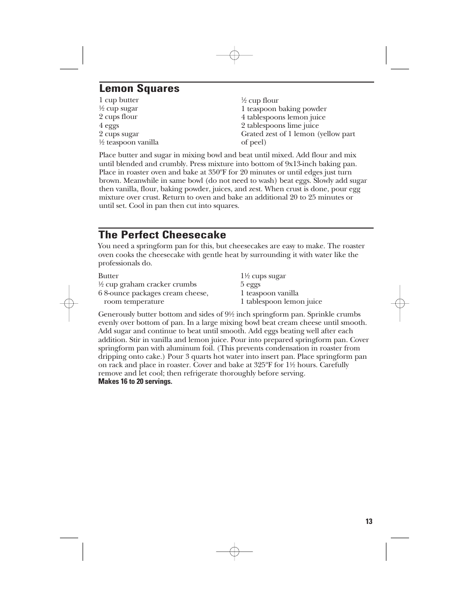 Lemon squares, The perfect cheesecake | GE 106631 User Manual | Page 13 / 32