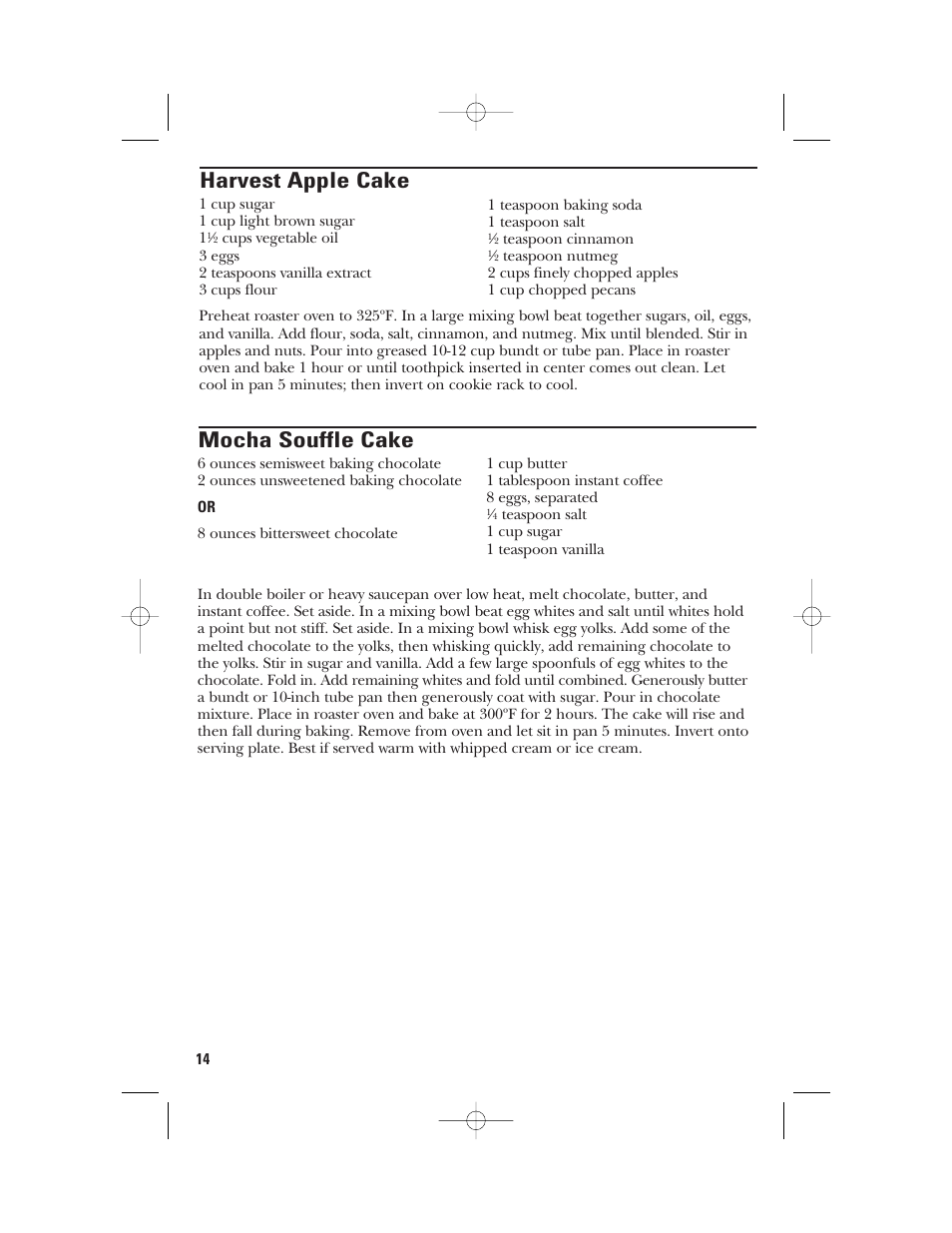 Harvest apple cake, Mocha souffle cake | GE 106631 User Manual | Page 14 / 32