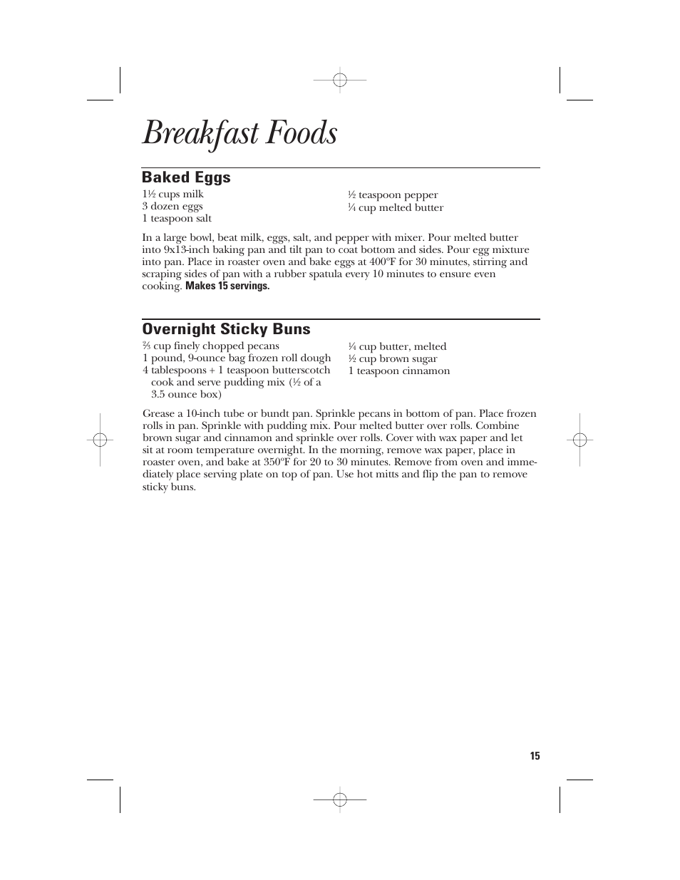 Breakfast foods, Baked eggs, Overnight sticky buns | GE 106631 User Manual | Page 15 / 32