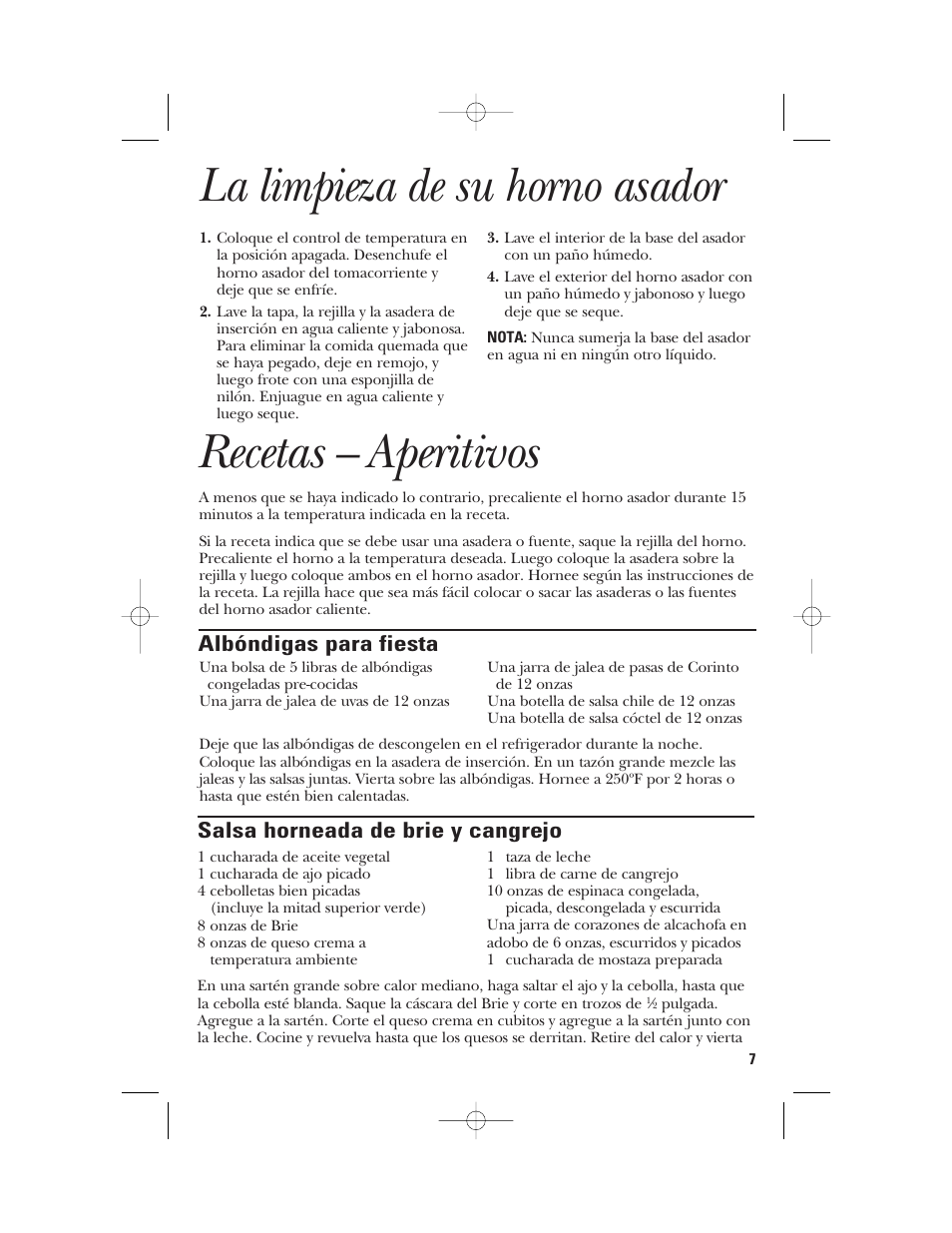 La limpieza de su horno asador, Recetas – aperitivos, Albóndigas para fiesta | Salsa horneada de brie y cangrejo | GE 106631 User Manual | Page 23 / 32