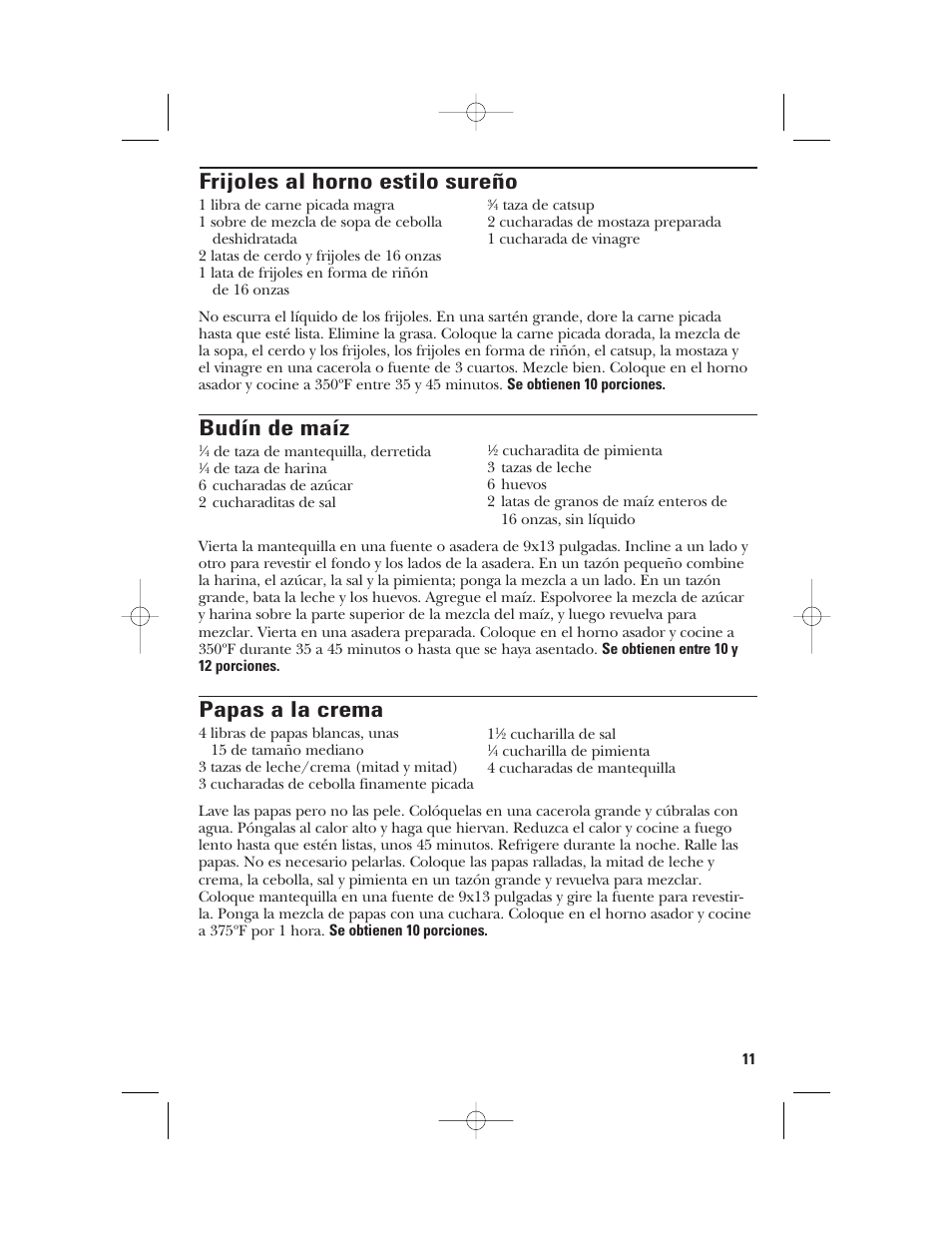 Frijoles al horno estilo sureño, Budín de maíz, Papas a la crema | GE 106631 User Manual | Page 27 / 32