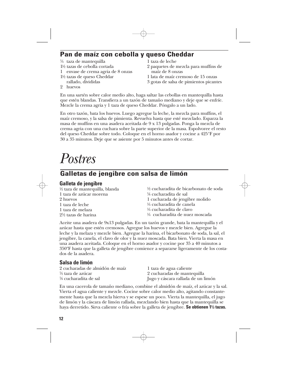 Postres, Pan de maíz con cebolla y queso cheddar, Galletas de jengibre con salsa de limón | Galleta de jengibre, Salsa de limón | GE 106631 User Manual | Page 28 / 32