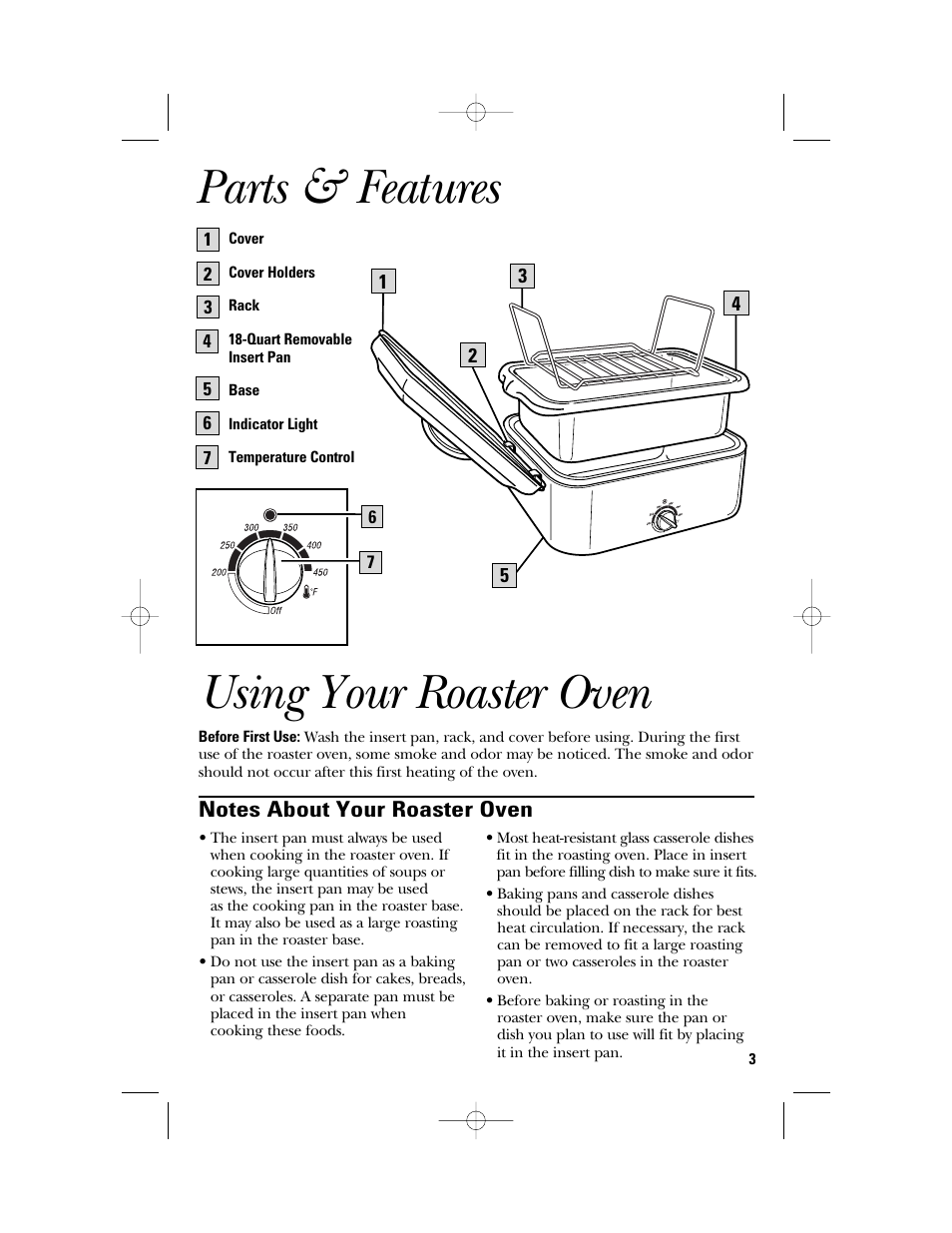 Parts & features, Using your roaster oven | GE 106631 User Manual | Page 3 / 32