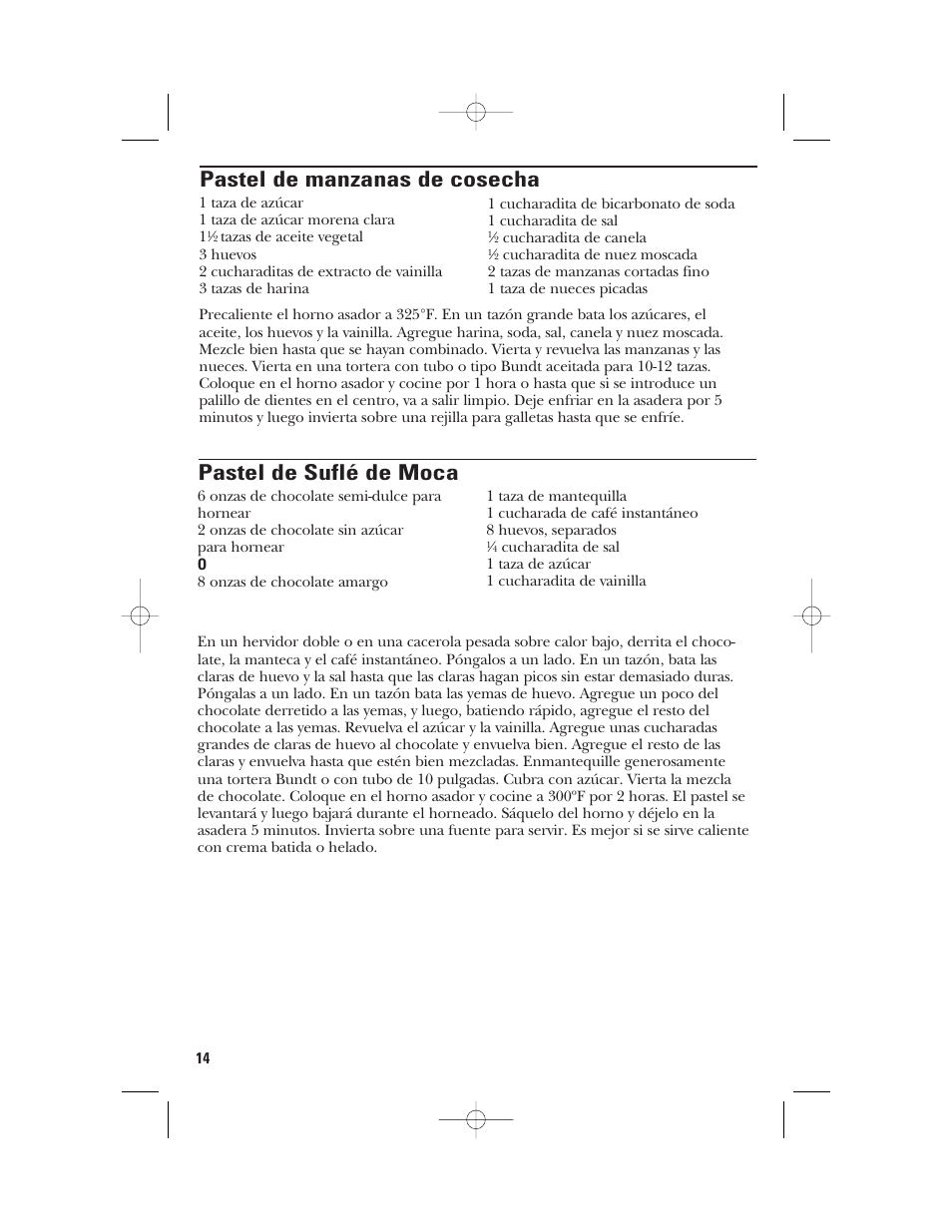 Pastel de manzanas de cosecha, Pastel de suflé de moca | GE 106631 User Manual | Page 30 / 32