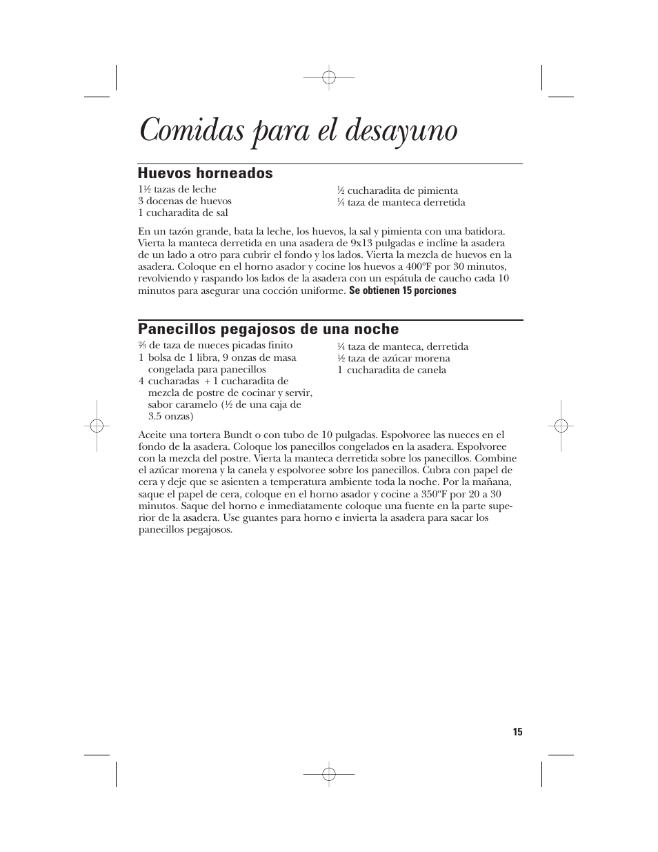 Comidas para el desayuno, Huevos horneados, Panecillos pegajosos de una noche | GE 106631 User Manual | Page 31 / 32