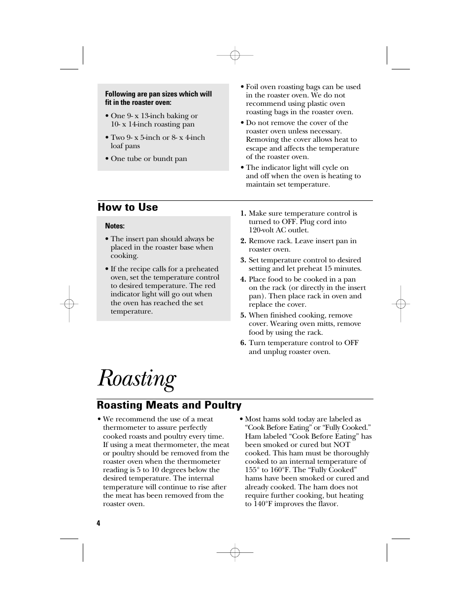Roasting, Roasting meats and poultry, How to use | GE 106631 User Manual | Page 4 / 32