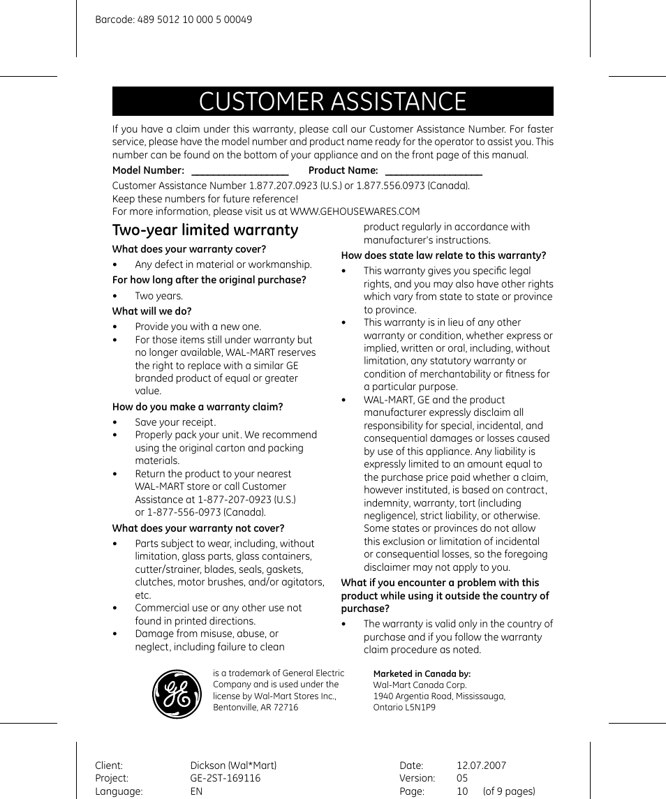 Customer assistance, Two-year limited warranty | GE 169116 User Manual | Page 10 / 10