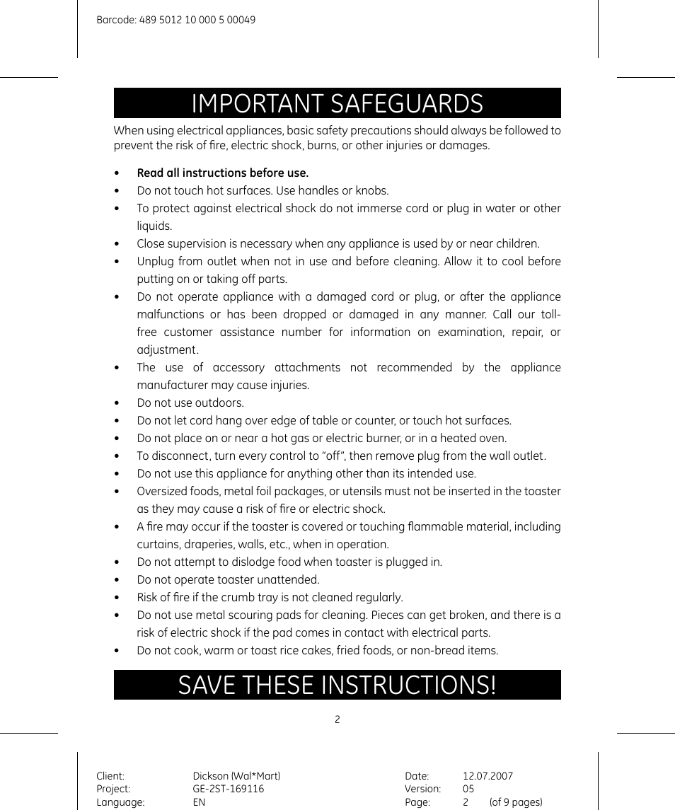 Important safeguards, Save these instructions | GE 169116 User Manual | Page 2 / 10