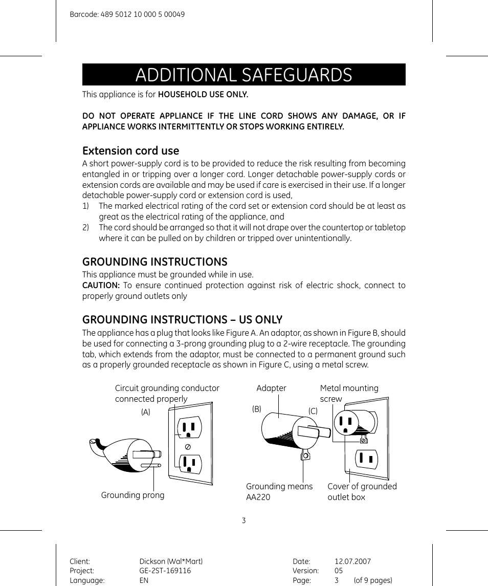 Additional safeguards, Extension cord use, Grounding instructions | Grounding instructions – us only | GE 169116 User Manual | Page 3 / 10