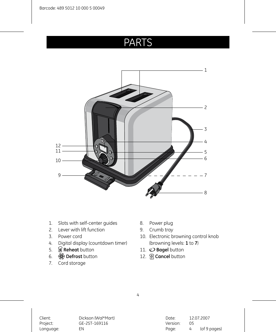 Parts | GE 169116 User Manual | Page 4 / 10