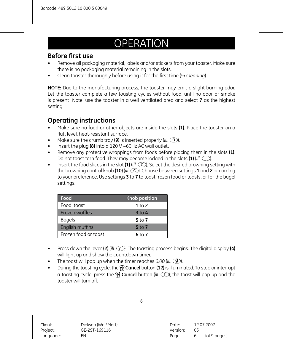 Operation, Before first use, Operating instructions | GE 169116 User Manual | Page 6 / 10