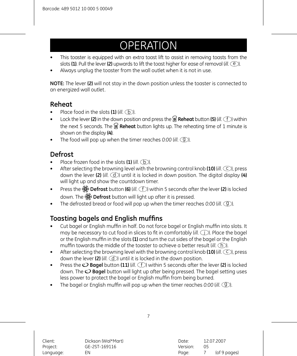 Operation, Reheat, Defrost | Toasting bagels and english muffins | GE 169116 User Manual | Page 7 / 10