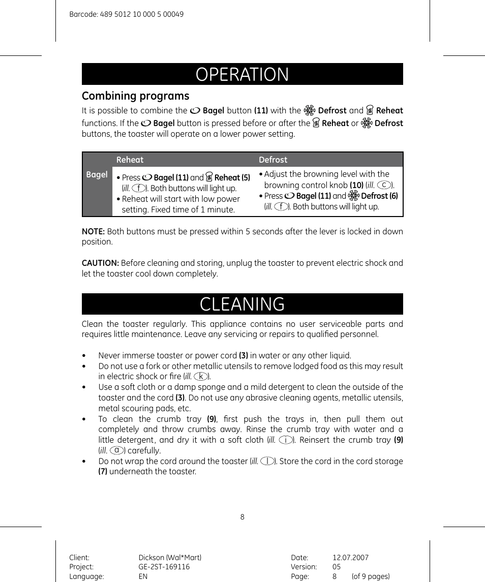 Operation, Cleaning, Combining programs | GE 169116 User Manual | Page 8 / 10