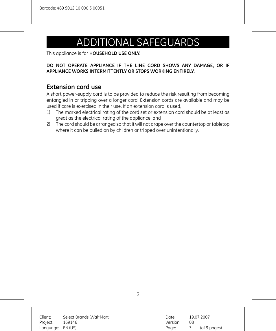 Additional safeguards, Extension cord use | GE 169146 User Manual | Page 3 / 9