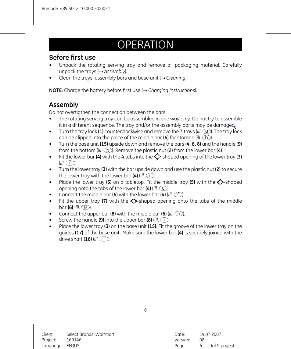 Operation, Before first use, Assembly | GE 169146 User Manual | Page 6 / 9